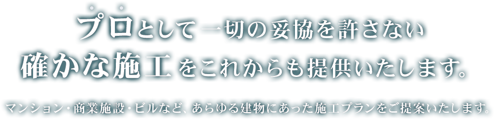 プロとして一切の妥協を許さない確かな施工をこれからも提供いたします。マンション・商業施設・ビルなど、あらゆる建物にあった施工プランをご提案します。